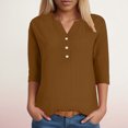 thumbnail image 2 of vigerkar Women's Casual 3/4 Sleeve T Shirts Button V Neck Basic Tee Tops Loose Fit Summer Shirt Beach Vacation Outfits Coffee, XL, 2 of 7