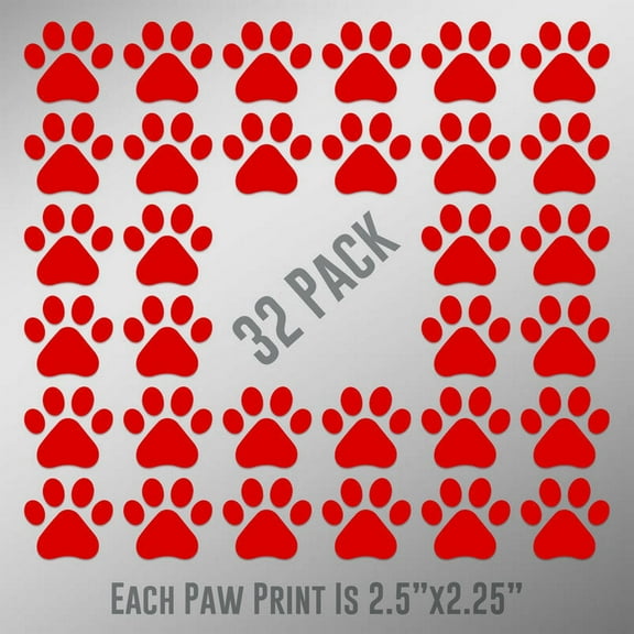Dog Paw Prints 32-Pack | Each paw 2.5-Inches By 2.25-Inches | Red Vinyl