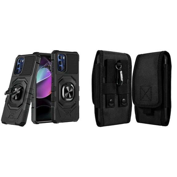 Case with Belt Holster Bundle for Moto G 5G 2022: Heavy Duty Shield Cover (Black) and Vertical Rugged Nylon Phone Pouch