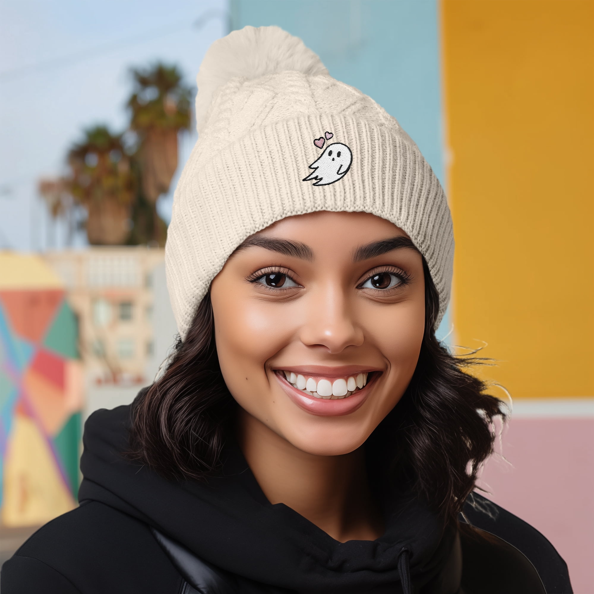Dalix Heartly Ghost Cable Knit Pom Beanie Soft Stretch Skully Warm Fuzzy Faux Sherpa Winter Ski Beanie in Cream White