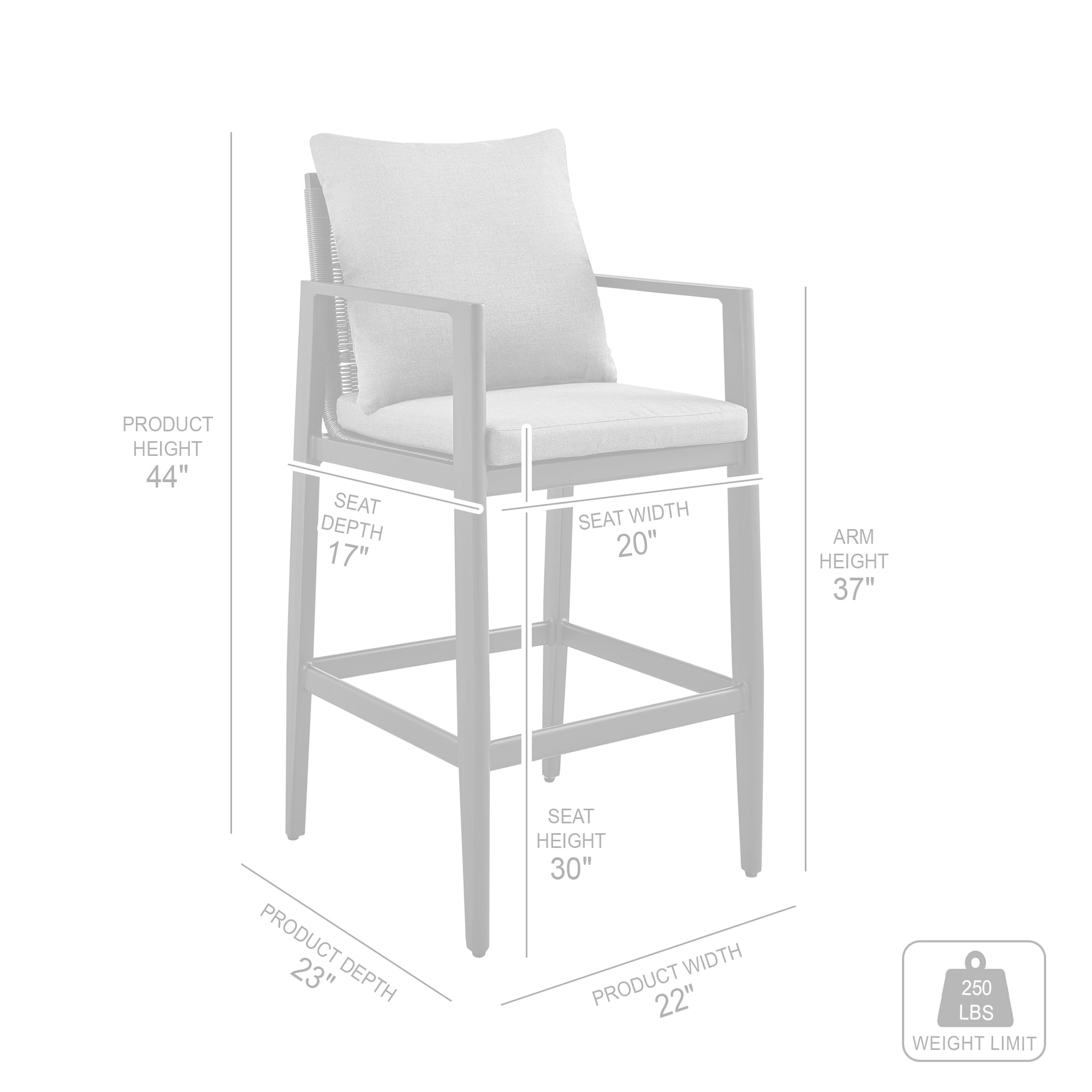 Cayman Outdoor Patio Bar Stool in Aluminum with Gray Cushions - Set of 3