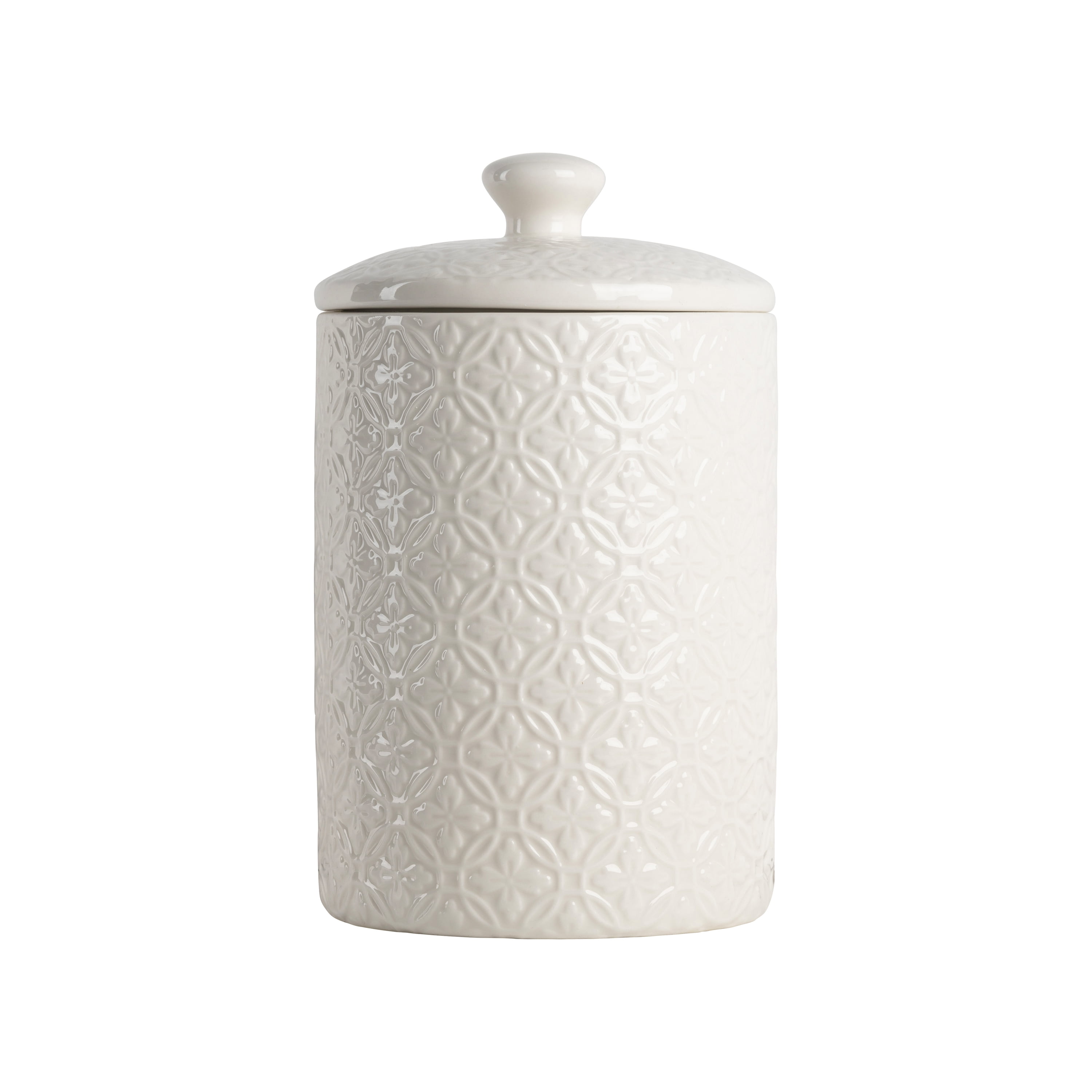 White Ceramic cereal Canister With a Sandy Textured Base 