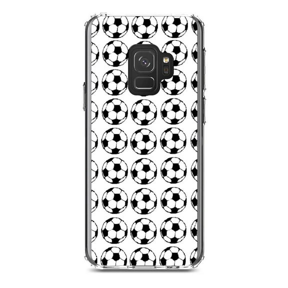 DistinctInk Clear Shockproof Hybrid Case for Samsung Galaxy S9 (5.8" Screen) - TPU Bumper, Acrylic Back, Tempered Glass Screen Protector - Soccer Balls Drawing