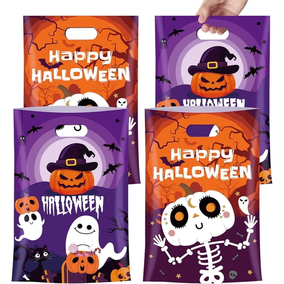 MOSHAKALA 40 Pcs Halloween Treat Bags with Handles-Trick or Treat Halloween Goodie Bags, Cute Ghost Pumpkin Halloween Plastic Candy Bags for Halloween Party Favors Supplies (Halloween)