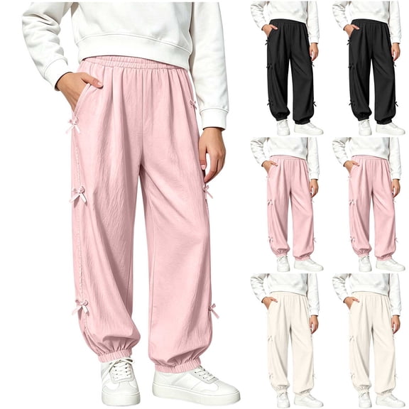 Ashirexll Girls Pants Elastic Waist Side Bow Knot Cuffed Pants Lightweight Breathable Loose Pants for 5-15 Years