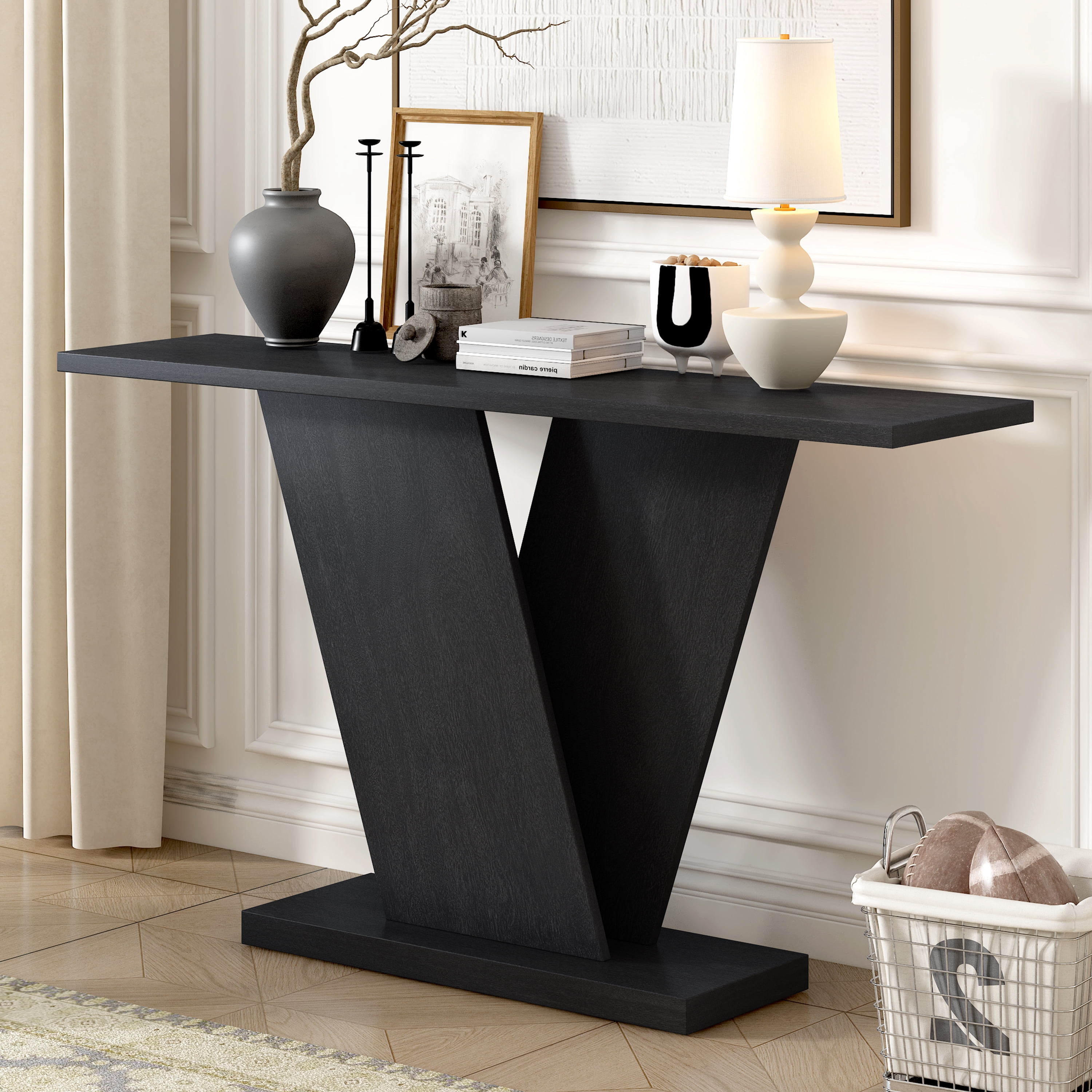 EUROCO 59.8" Console Table with V-Base Design,Wooden Entryway Sofa Table, Unique Long Accent Hallway Table for Living Room,Black