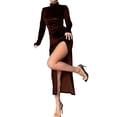 thumbnail image 3 of Women'S Long Sleeve Side Ruched High Slit Maxi Dress Mock Neck Velvet Bodycon Party Club Thigh Split Long Dress Brown L, 3 of 7