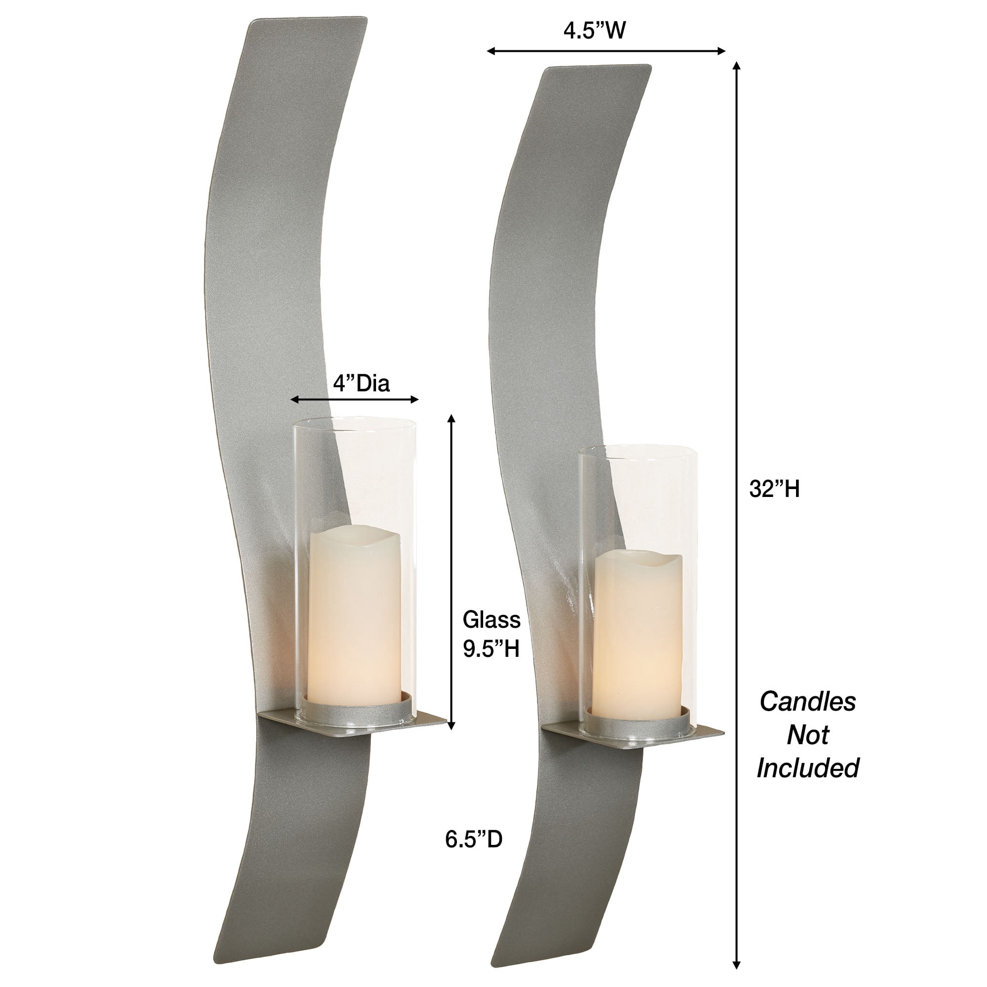 Sinuous Wall Sconce Pair Silver - Handcrafted Steel - Glass Hurricane - Set of 2 - Metal Sconces Holder for Bedroom, Bathroom, Living Room, Kitchen Walls Large 32 Inches High