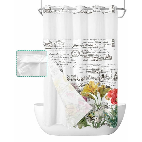 No Hook Shower Curtain with Snap in Liner, Colored Flower and Plant Envelope Postmark Pattern Hotel Shower Curtains for Bathroom, Washable Shower Curtain Liner Set with Mesh Top Window, 36"x72"