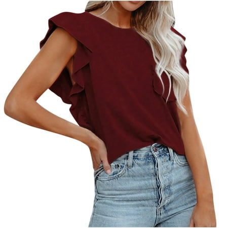 

Womens Summer Dressy Ruffle T-Shirts Casual Pocket Short Sleeve Pullover Tops Summer Office Work Tops