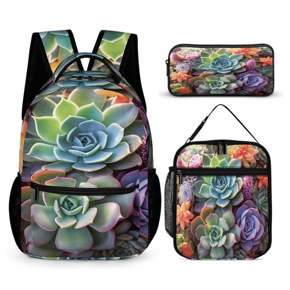 PRATYUS Back to School Colorful Succulents Bouquet Backpack Lunch Bag Pencil Case 3 Piece Set Durable Polyester Portable Zippered Daily Essential Combo
