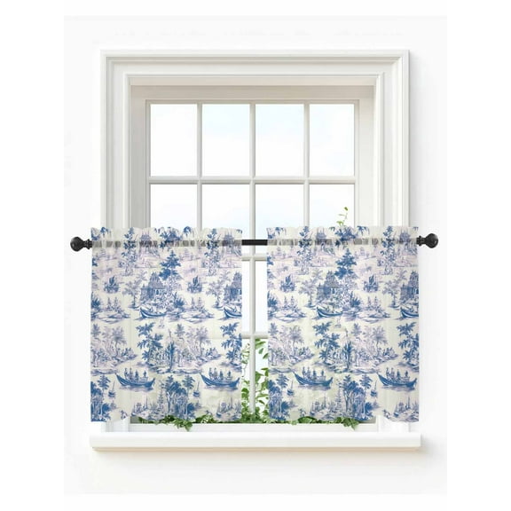 Blue Garden Vintage Tier Curtains 36 Inch Length,Sheer Curtains for Bedroom Living Room,Modern Art Building Boat Tree Rod Pocket Voile Drapes Kitchen Curtains Small Half Window 27.5"x36" 2 Panels