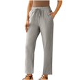 thumbnail image 7 of Women Petite Linen Pants High Waisted Straight Leg Casual Cotton Trousers Elastic Waist Drawstring with Pockets Gray, 7 of 7