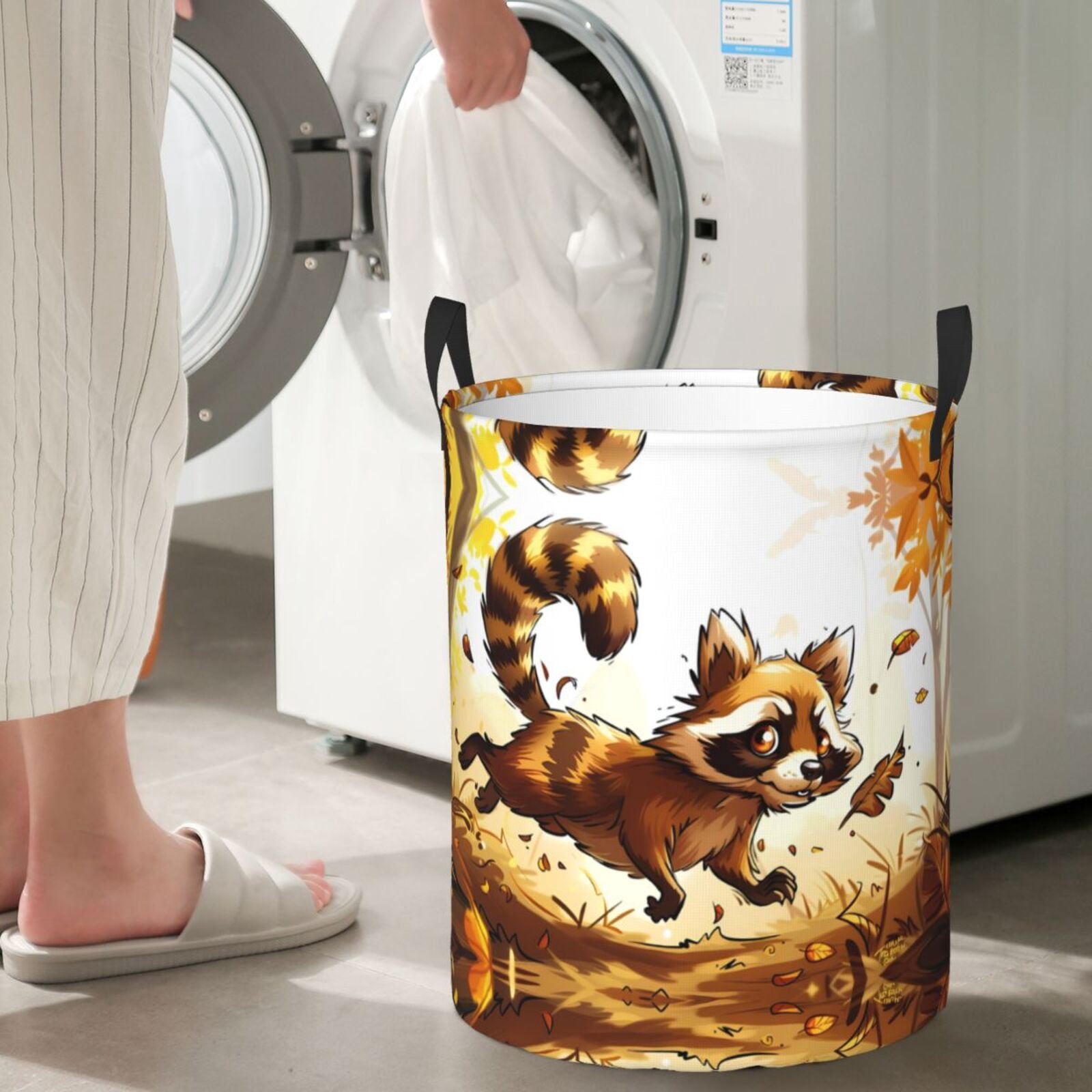 Large Laundry Basket with Handles - Autumn Raccoon In Forest Kids Baby Dirty Clothes Laundry Hamper for Bedroom Aesthetic