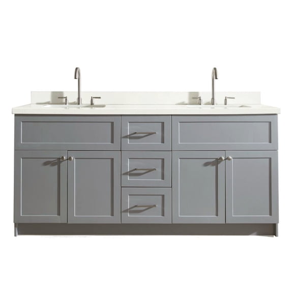 ARIEL Hamlet 73 in. Bath Vanity in Grey with Quartz Vanity Top in White with White Basins
