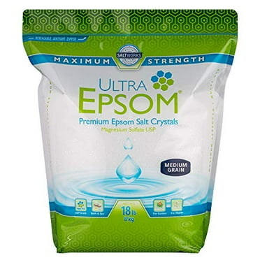 SaltWorks Ultra Epsom Bath Salt, Medium Fine Grain, Translucent to White Crystals, Unscented, 18 Pound Bag