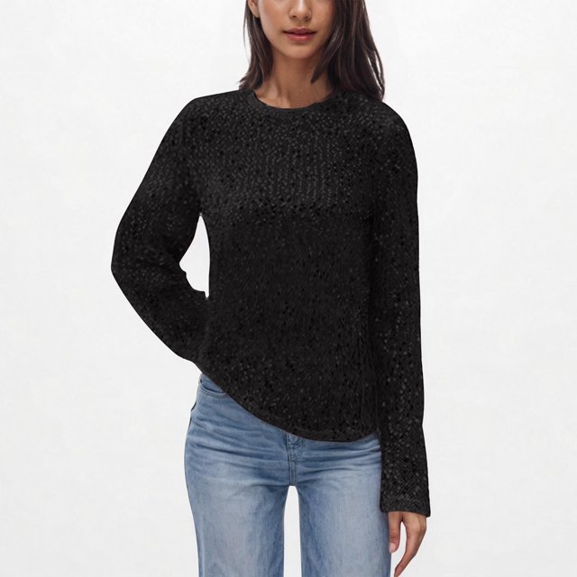 Hauts pour Femmes en Liquidation! Hauts à Manches Longues Scintillants pour Femmes, Col Rond Ample, Chandail Mignon à Sequins, Chemises Disco de Fête Noires P