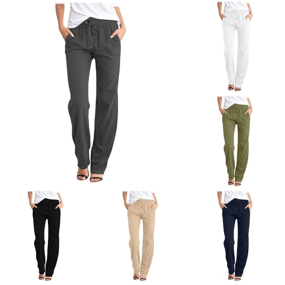 Gunia Linen Cotton Pants Women High Waisted Solid Straight Pants Waist Long Casual Elastic Drawstring Pants With Pockets Summer Pants