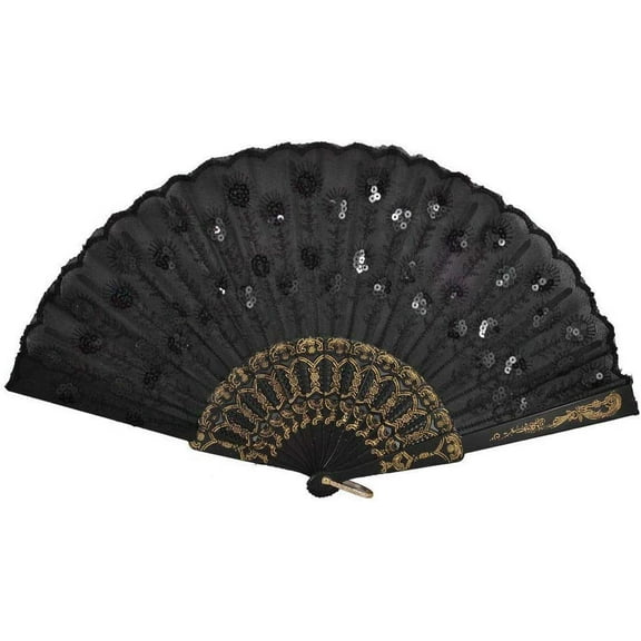 Set of 12 Black Sequin Hand Held Folding Fans w/Gift Bags for Party Favors, Party Decor