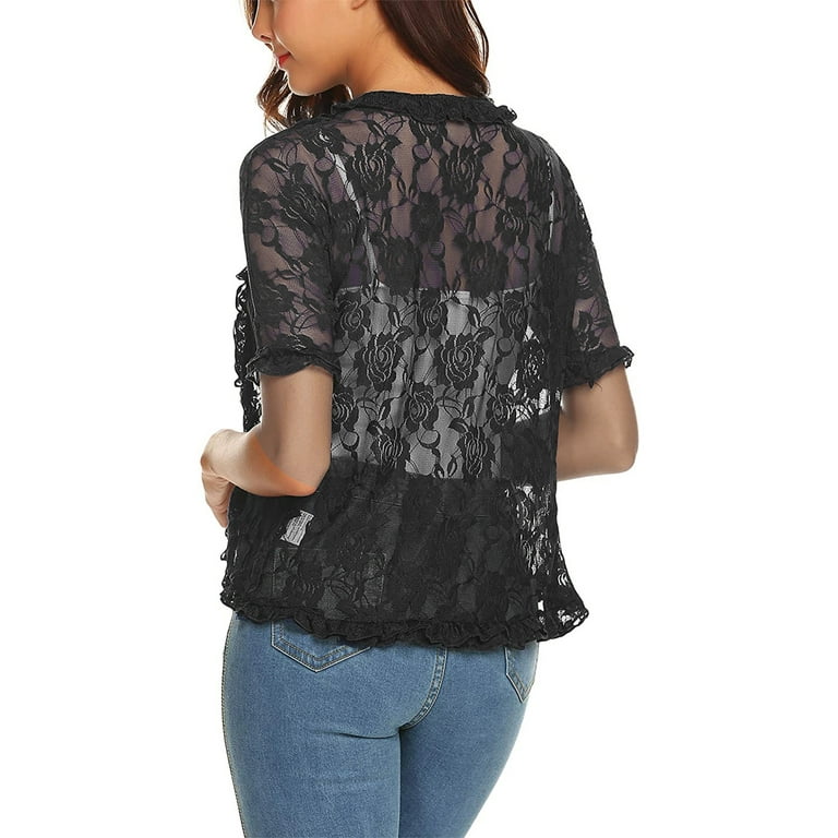 wybzd Women Sheer Lace Long Sleeve Tops Slim Fit Crop Top Shirts Cardigan  Spring Autumn Blouse 