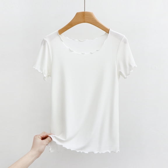 Trendfront Womens Crewneck Tee Loose Fit Lettuce Ruffle Edge Short Sleeve T-Shirts Plain Solid Color Summer Casual Top