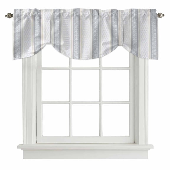 Blue Beige Striped Tie Up Valance Curtains for Windows, Kitchen Curtains Window Shades, Boho Ethnic Modern Abstract Art Light Filtering Roman Curtain Valances for Bedroom/Bathroom/Cafe 60"x18"