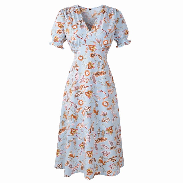 Fridja Robe Imprimée de Vacances à Col en V pour Femmes Robe de Plage à Manches Courtes pour Fête