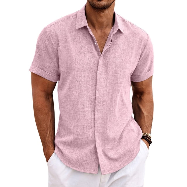 Camisa de lino para hombre COOFANDY, manga corta, abotonada, rosa