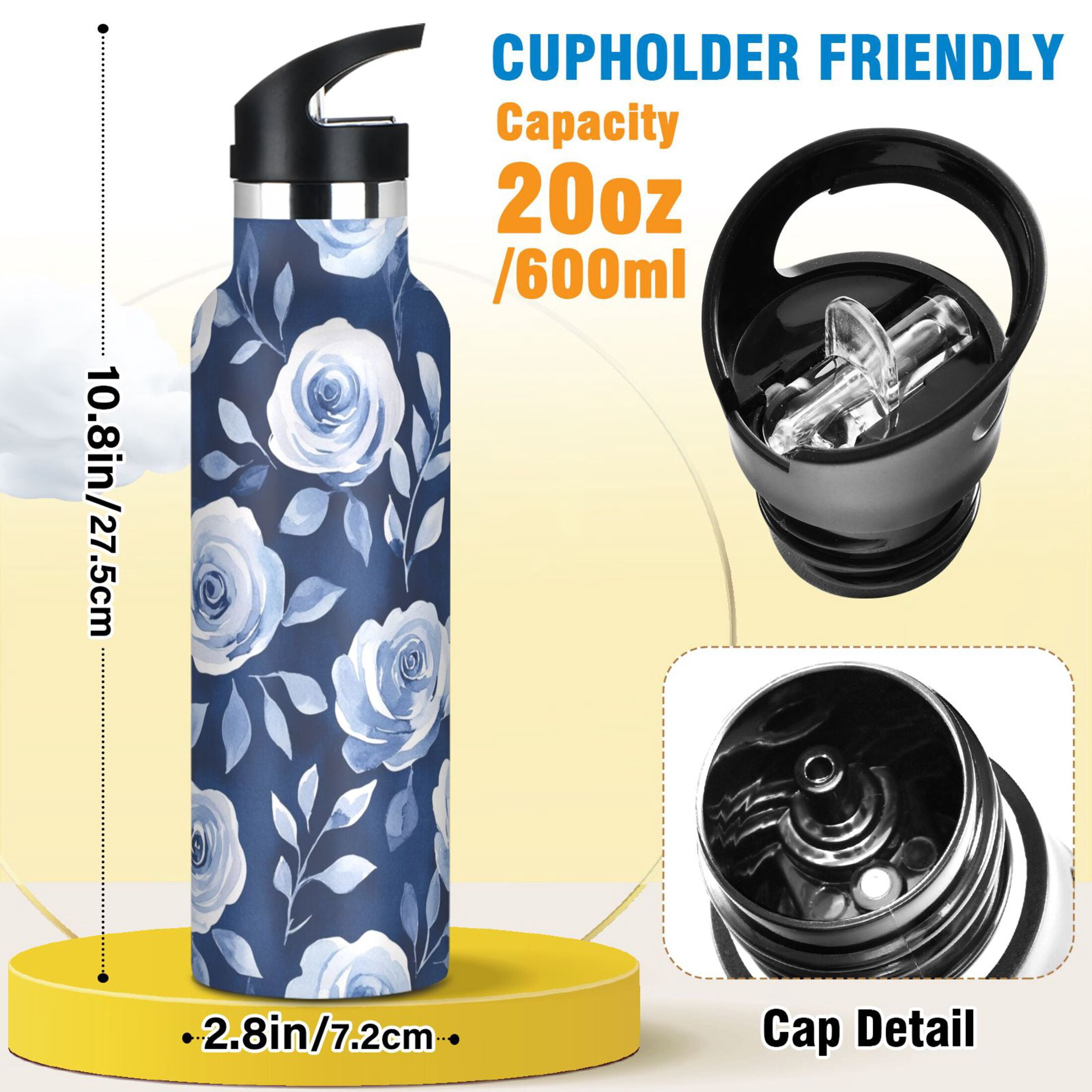 600ML Stainless Steel Insulated Cup Sports Water Bottle Portable Thermos Cup Water Glasses Insulated Tumblers Convenient and Durable Cartoon Teal Roses