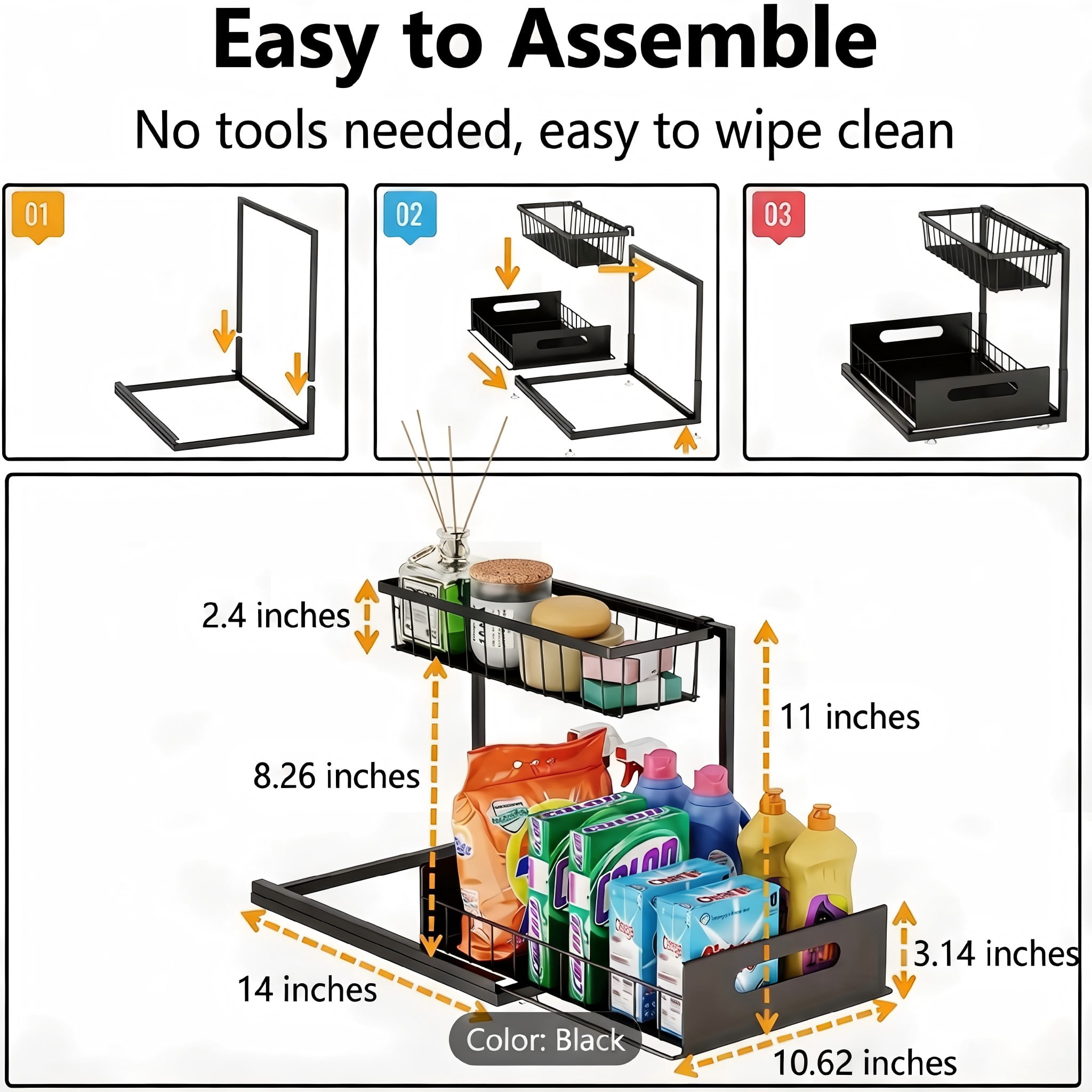L-Shaped Under Sink Organizer, 2 Tier Pull Out Cabinet Organizer, Heavy Duty Metal Storage with Slide Out Drawer, Holds 50 Lbs, Rust-Proof Bathroom & Kitchen Sink Rack, Black 2PC