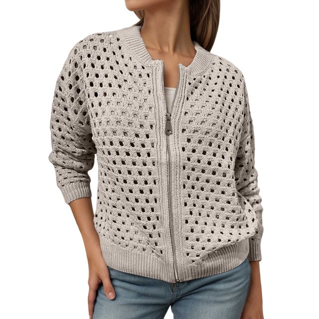 Veste Décontractée Grande Taille pour Femmes, Tricotée Ajourée avec Fermeture Éclair, Cardigan Ouvert à la Mode pour Automne Hiver