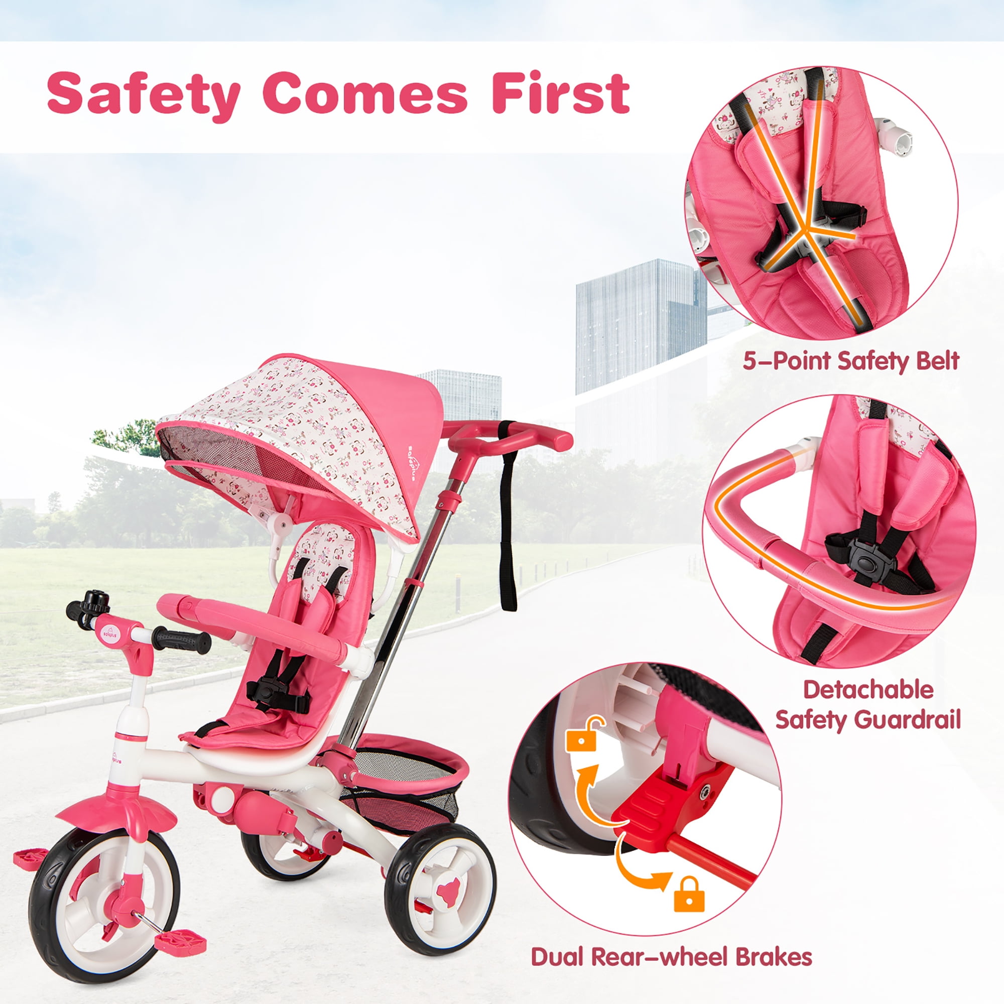 Gymax Baby Tricycle Stroller 6-in-1 Kids Push Trike w/ Removable 5-Position Canopy Pink