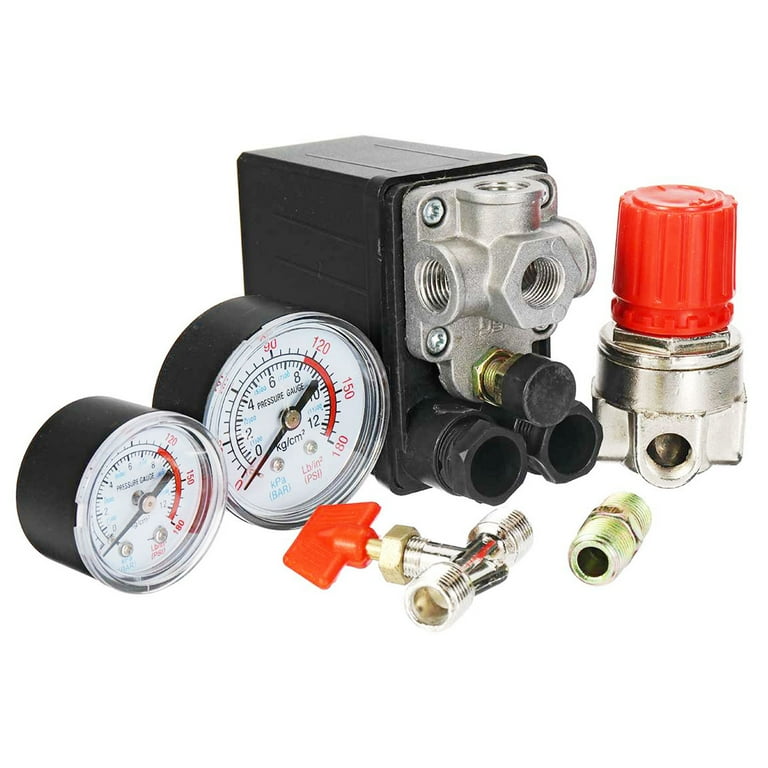 90-120 PSI Air Compressor Pressure Control Switch Valve Regulator w/ Double Gauges, Air Compressor Regulator 90-120 PSI Air Compressor Pressure Control Switch Valve Regulator w/ Double Gauges, Air Compressor Regulator