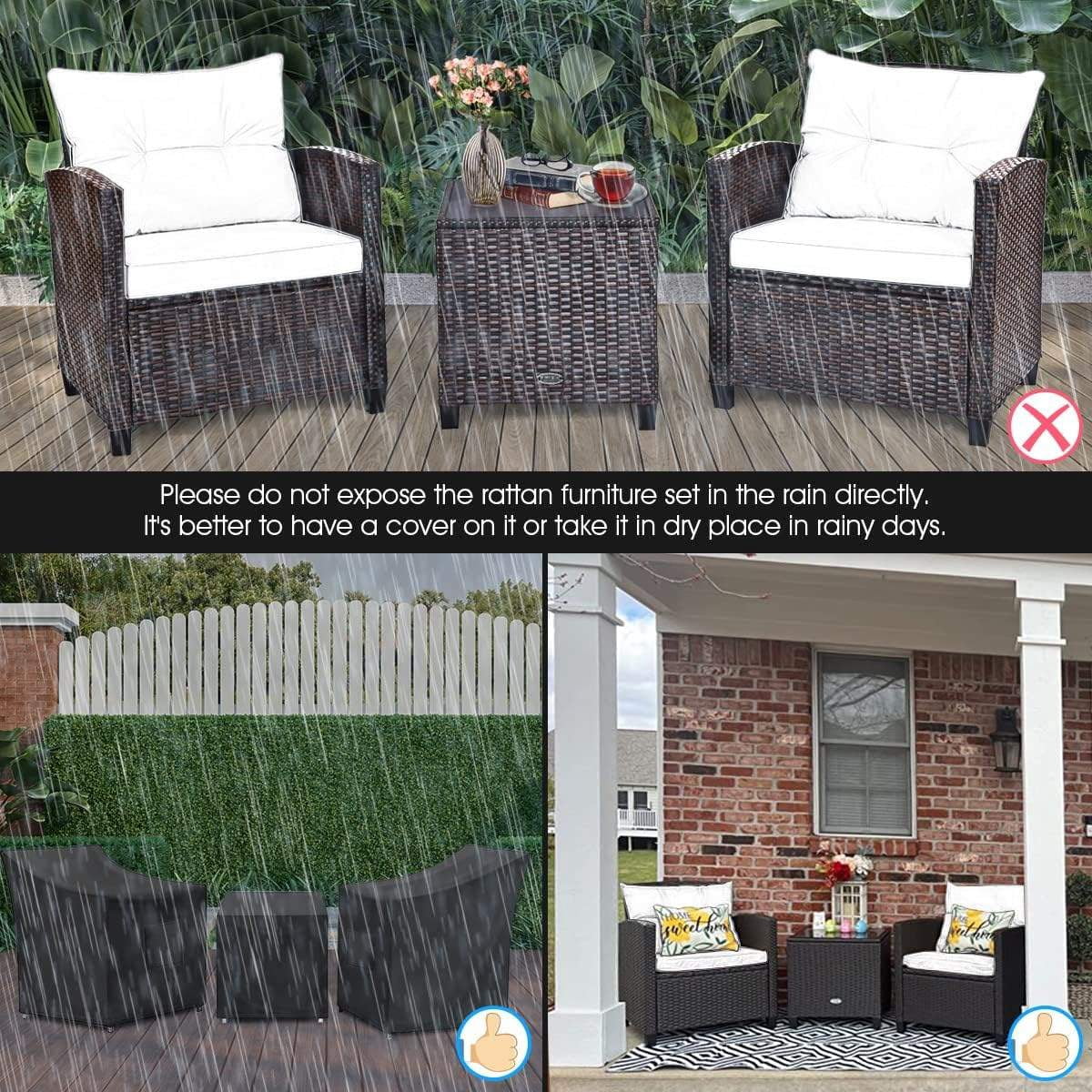 3-Piece Outdoor Patio Sofa Set with Washable Cushions and Tempered Glass Tabletop, Beige