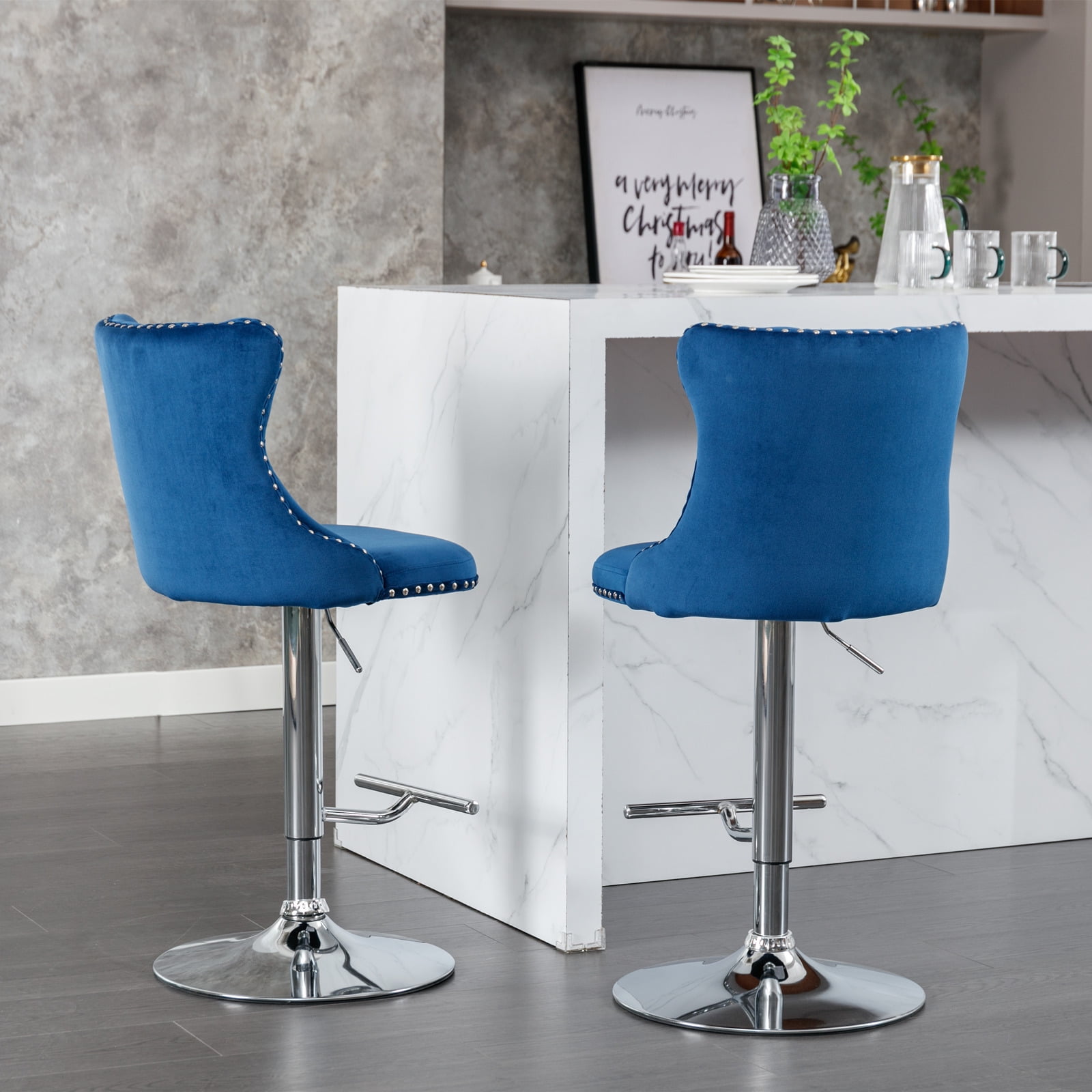 MAYEERTY Swivel Velvet Barstools - Adjustable Seat Height 25-33 Inch, Chrome Base, Tufted Backs, Blue, Set of 2