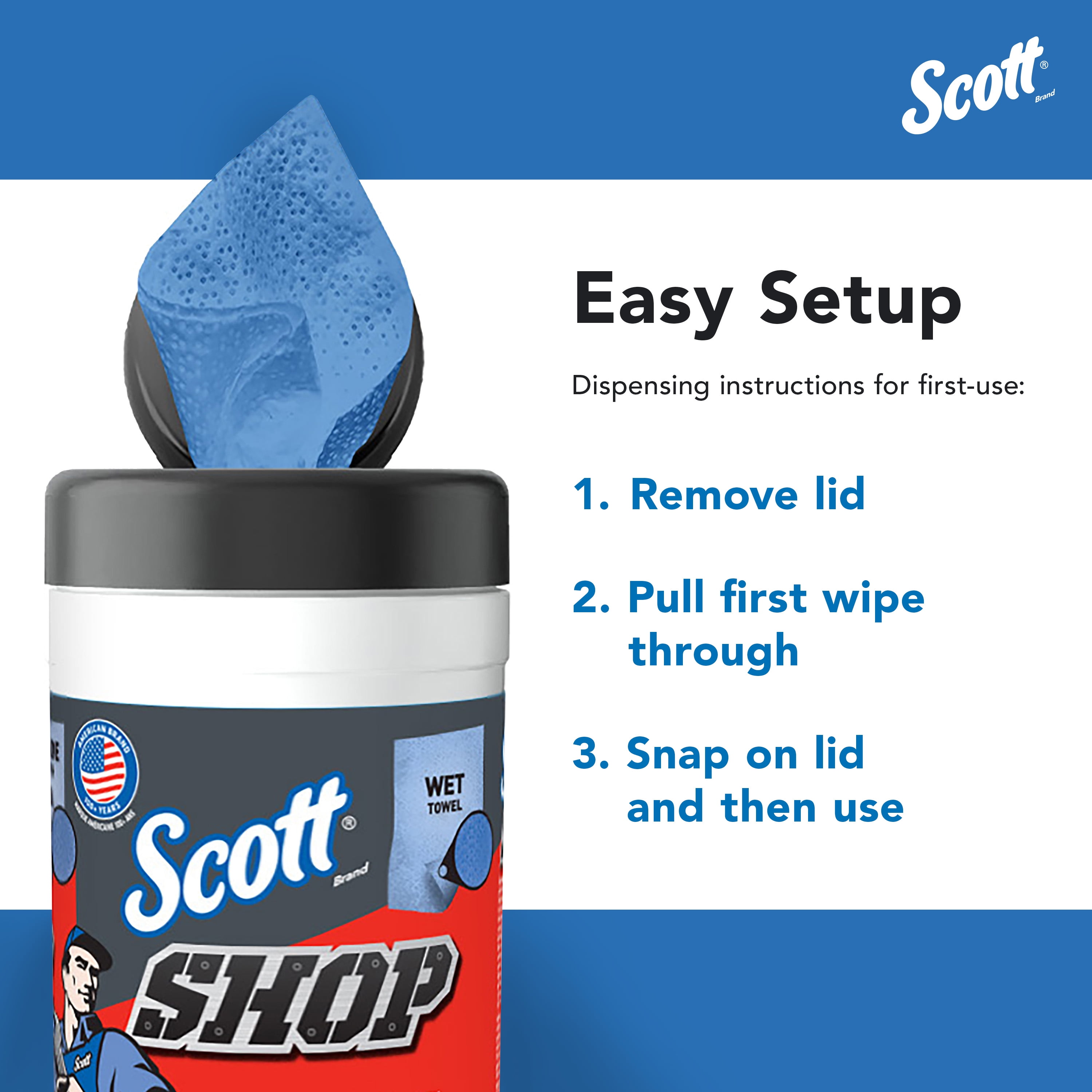 Scott Shop Blue Wet Towels, 1 Canister, 30 Sheets
