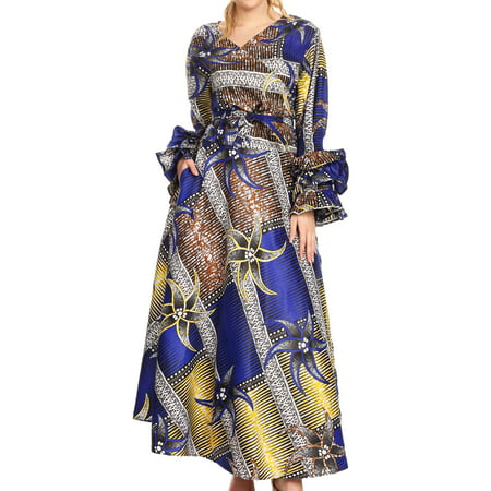 Sakkas Tale Women's Maxi Long Sleeve Wrap Dress with Pockets African Ankara Print - 118-RoyalYellowMulti - One Size