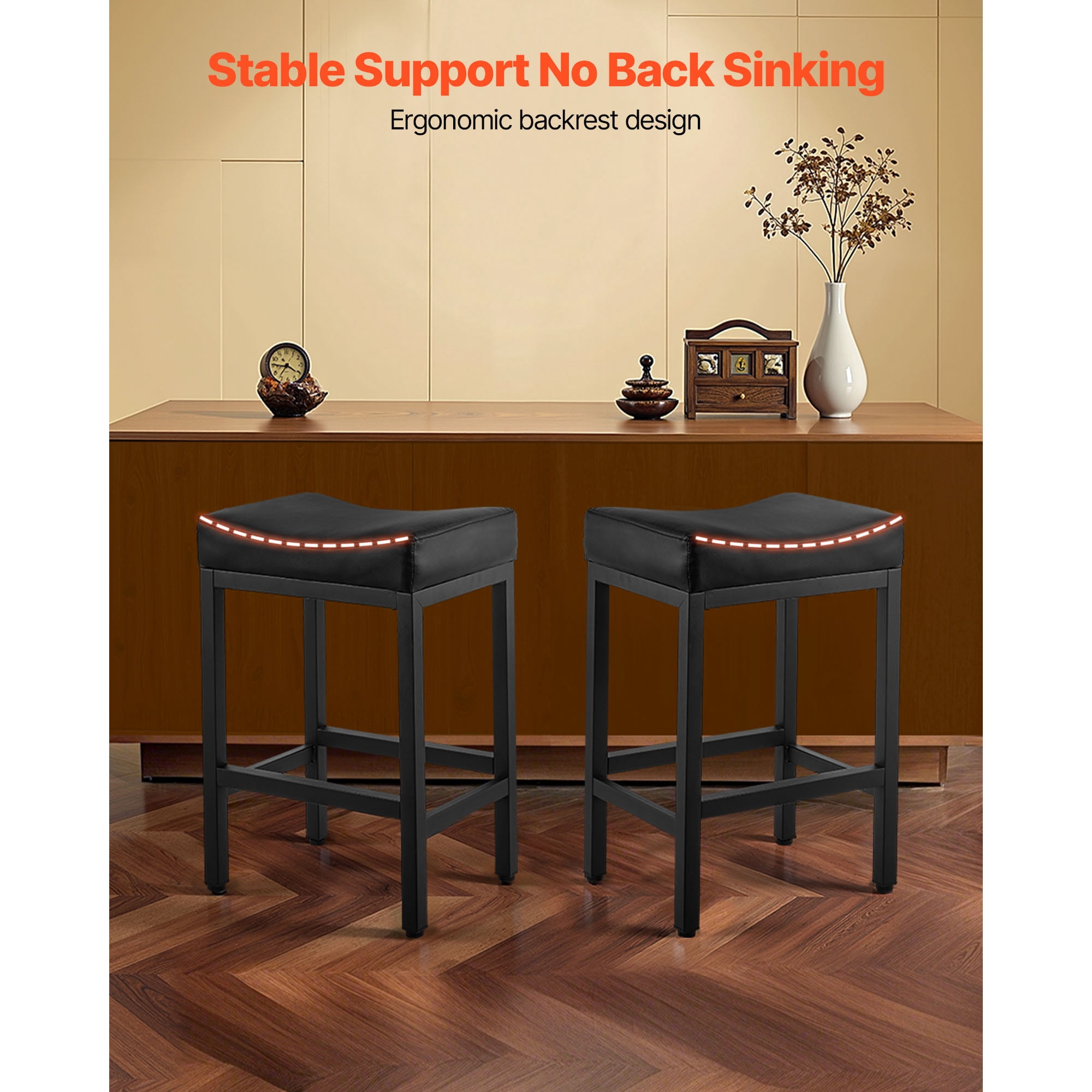 KFFKFF Set of 2 PU Leather Bar Stools, 25-inch Counter Height Saddle-Seat with Metal Legs, Backless Design for Kitchen, Dining Room, Cafe, Easy-to-Assemble, Black
