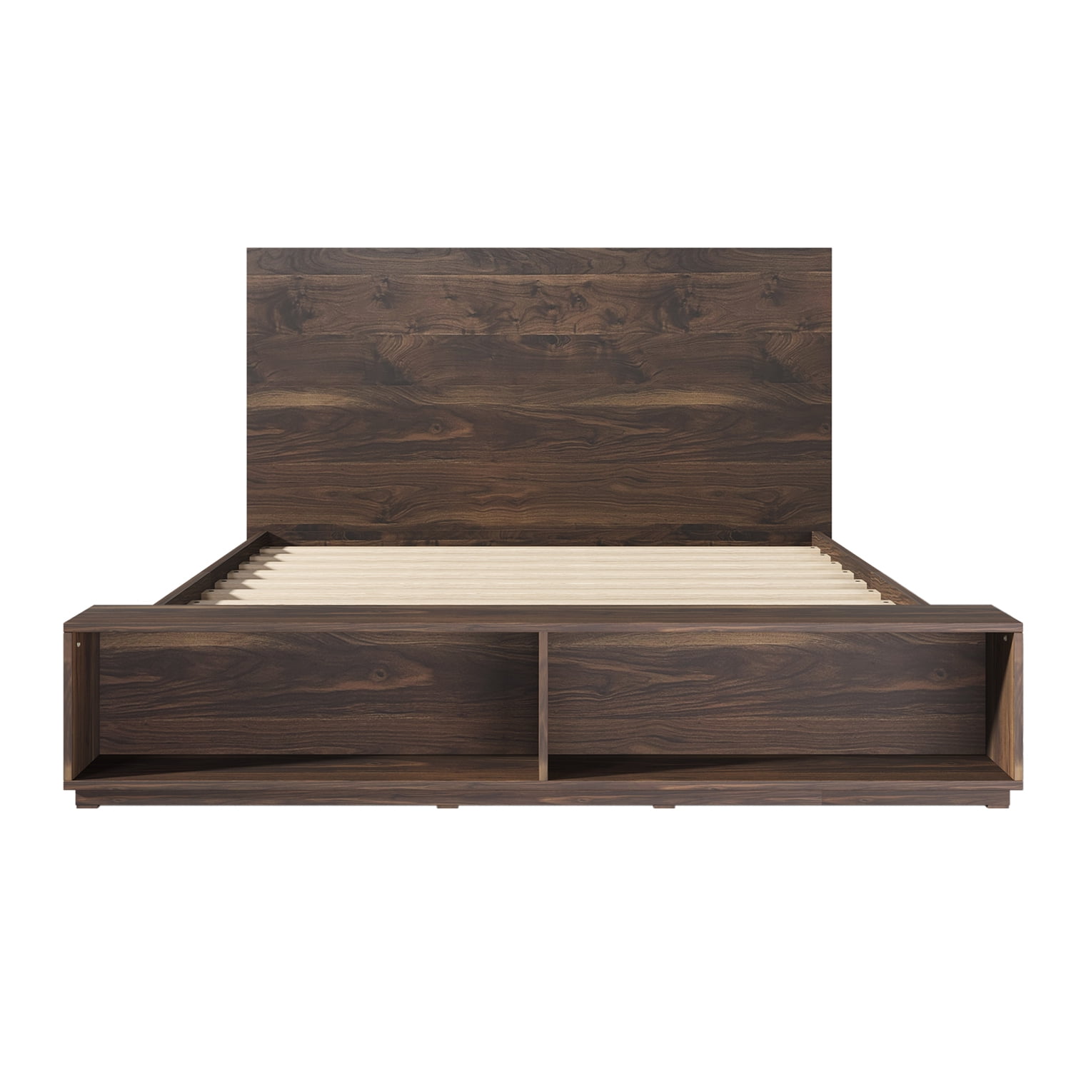 Kadyn King Size Wood Platform Bed, Wood Storage Queen Bed with Storage Bench in Walnut, Modern MDF Farmhouse bedstead for bedroom, Walnut Kadyn King Size Wood Platform Bed, Wood Storage Queen Bed with Storage Bench in Walnut, Modern MDF Farmhouse bedstead for bedroom, Walnut