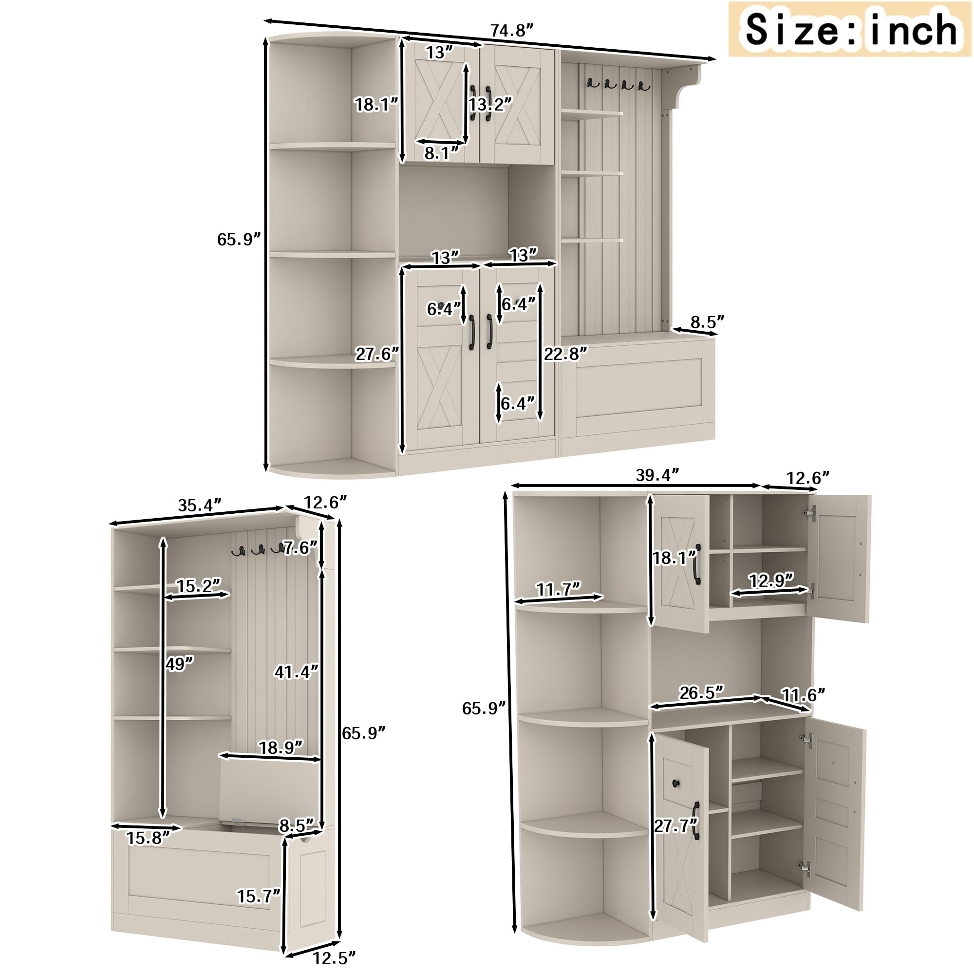 T-Foyer Farmhouse Beige Detachable Hall Tree with 4 Hooks & Bench, Wooden Rustic Entryway Organizer with Open Storage & 2 Cabinets