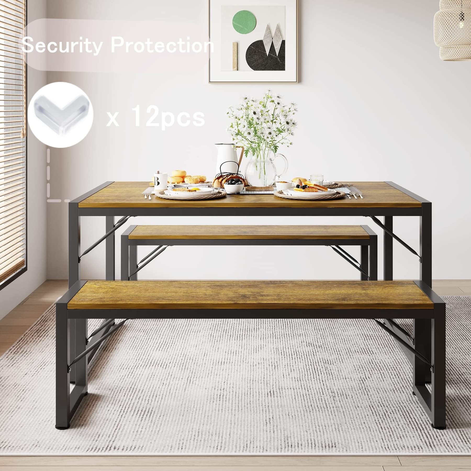 Lofka Dining Table Set for 4 with Benches - Solid Wood Kitchen Table for Small Spaces, Breakfast Nook & Apartments (Vintage Brown)