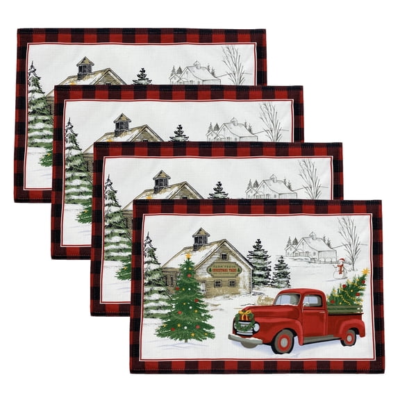 Elrene Home Fashions Vintage Christmas Tree Farm Holiday Placemat, Set of 4, Multicolor, 13"W x 19"L