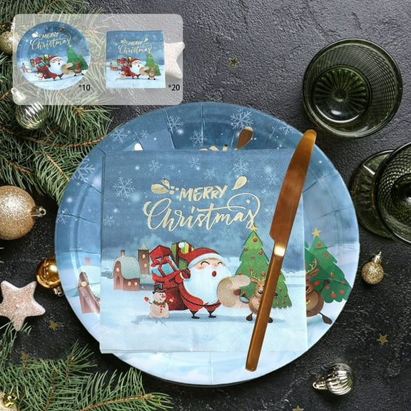 Dmlowu Christmas Paper Plates and Napkins - 20Cps Paper Napkins & 10pcs Paper Plates, Disposable Christmas Party Plates and Napkins Sets for Holiday Party Christmas Decorations