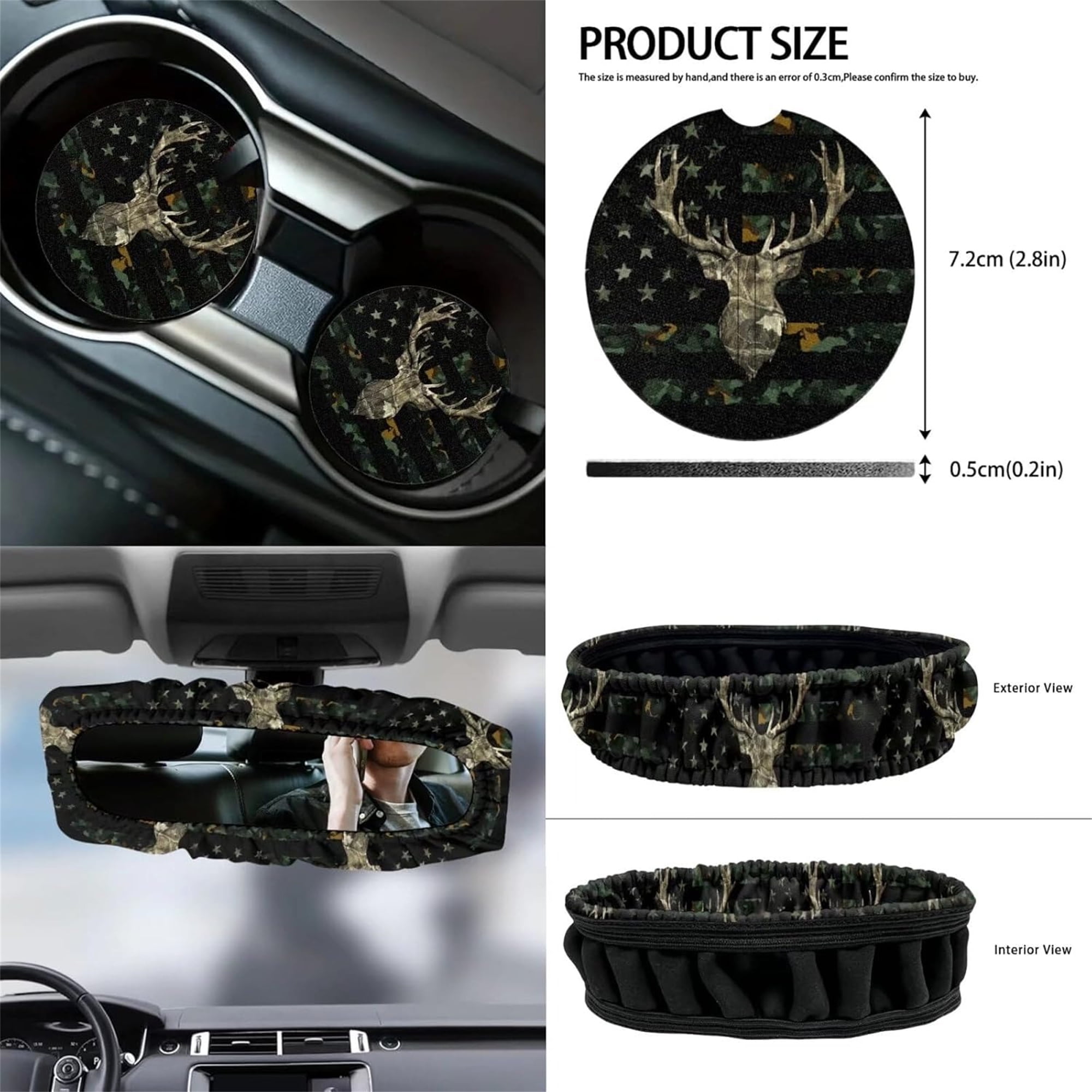 Jeiento Deer 12 Pcs Front Car Seat Cover Set with Bucket Seat Cover Steering Wheel Cover Seat Belt Pad Armrest Cover Coaster Trash Bag Air Vent Bag Rearview Mirror Cover Keychain American Flag Camo
