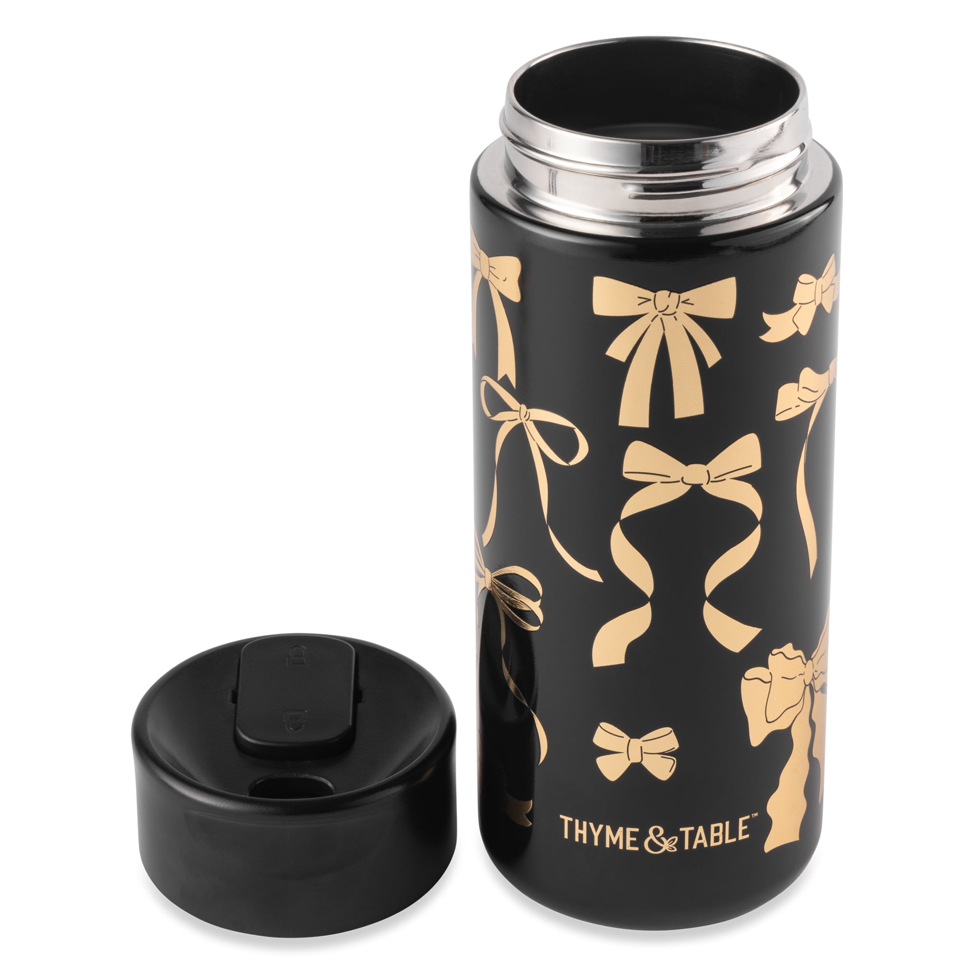 Thyme & Table 22 fl oz Stainless Steel Coffee Tumbler, Black & Gold Bows