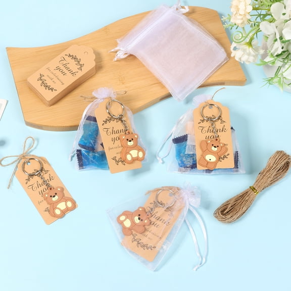 Austok 110 Pcs Bear Baby Shower Favor Bear Party Favor Cute Keychain with Organza Bag Thank You Paper Tag and Rope for Guest Girl Boy Birthday Party Supply Decoration (Brown)
