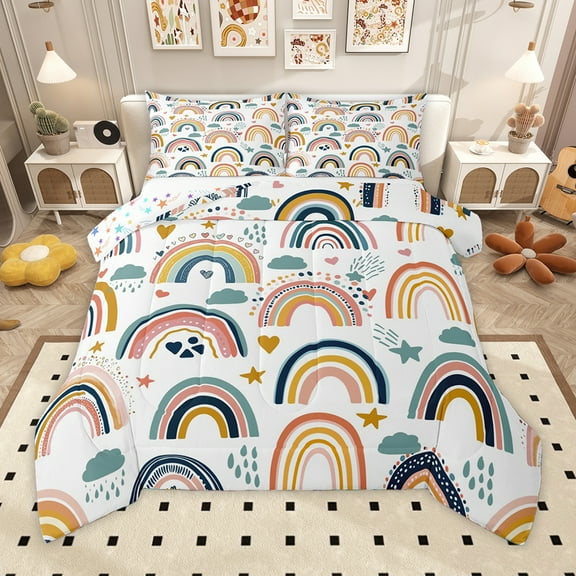 Homewish Bohemain Rainbow Bedding Comforter Set,Colorful Loves Stars Twin Comforter Sets,Boho Theme Bedding Set For Girls,Super Cozy Room Decor Reversible,2pcs
