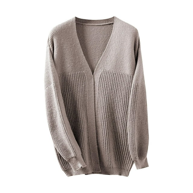 MeetoTime Women's Front Open Sweater Fall Loose Long Sleeve V-Neck Mid-Length Knit Cardigan Outwear