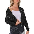 thumbnail image 1 of Chaqueta bomber recortada con cremallera de manga larga y cuello alto de lentejuelas para mujer M negra, 1 of 5