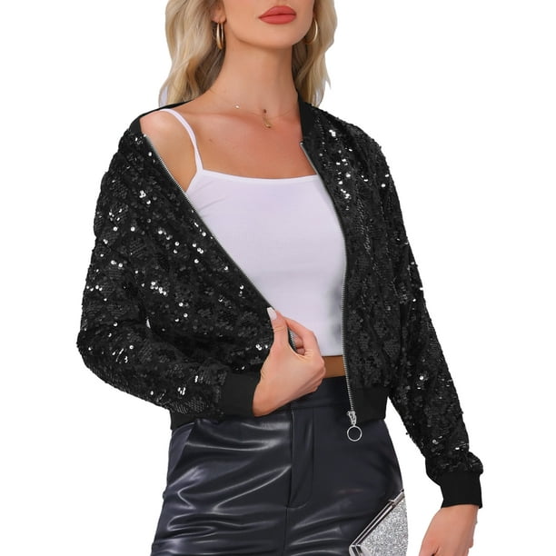 Chaqueta bomber recortada con cremallera de manga larga y cuello alto de lentejuelas para mujer M negra